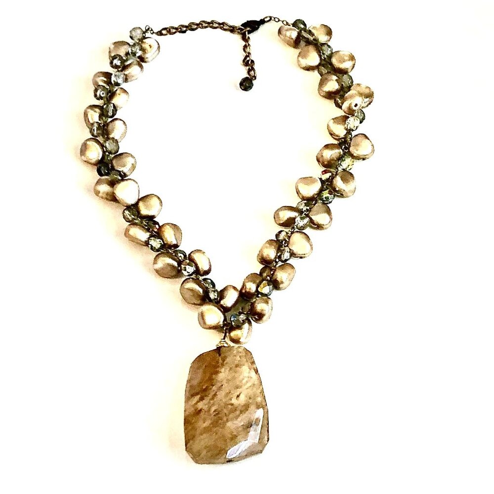 ALEXANDRA'S ACCENTS Baroque Quartz Pendant Beaded 9” Necklace Antique Gold